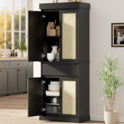 Kitchen Pantry Cabinet, Tall Storage Cabinet With Rattan Doors And Adjustable Shelves, Freestanding Cupboard With Drawer For Bathroom, (Black) 18 Kitchen Pantry Cabinet, Tall Storage Cabinet With Rattan Doors And Adjustable Shelves, Freestanding Cupboard With Drawer For Bathroom, (Black) -House Beautiful GUEST 9f2c40da 8ae4 4da5 a6eb 2fe1a79d3ccd