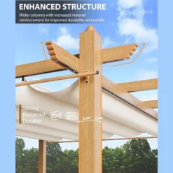 10x10ft Outdoor Aluminum Pergola Retractable UPF50+ Canopy, Wood Grain Frame, Khaki Curtain, Tool-Free Assembly -House Beautiful GUEST 9f9e0cd6 ada1 4a3d 819c dc8d268526ba 1