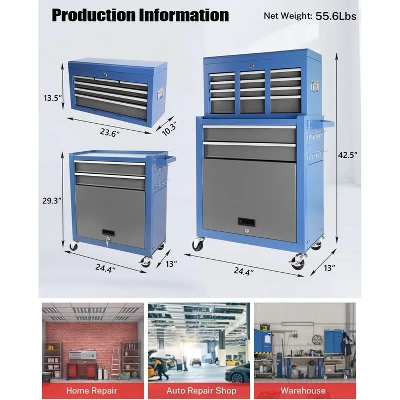 Tool Chest With 8 Drawers, 2-in-1 Mobile Steel Tool Cabinet Storage With Wheels & Lock, Tool Chest Organizer For Garage, Workshop, Home Crafts Use 6 Tool Chest With 8 Drawers, 2-in-1 Mobile Steel Tool Cabinet Storage With Wheels & Lock, Tool Chest Organizer For Garage, Workshop, Home Crafts Use - Image 4