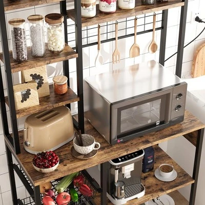 Bakers Rack With Power Outlet, 7-Tier Microwave Stand With Wire Basket, Coffee Bar With 4 S-Shaped Hooks 7 Bakers Rack With Power Outlet, 7-Tier Microwave Stand With Wire Basket, Coffee Bar With 4 S-Shaped Hooks - Image 5