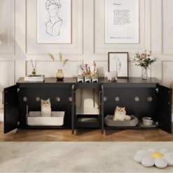 Modern Wooden Hidden Double Litter Box Enclosure Furniture With Soft Cushion ,Cat Washroom