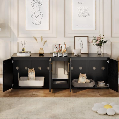 Modern Wooden Hidden Double Litter Box Enclosure Furniture With Soft Cushion ,Cat Washroom 3 Modern Wooden Hidden Double Litter Box Enclosure Furniture With Soft Cushion ,Cat Washroom