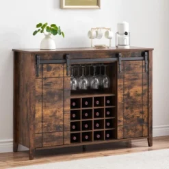 Wine Bar Cabinet,47" Farmhouse Coffee Bar Cabinet With Sliding Barn Door, Buffet Sideboard Cabinet With 16 Bottle Wine Rack 18 Wine Bar Cabinet,47" Farmhouse Coffee Bar Cabinet With Sliding Barn Door, Buffet Sideboard Cabinet With 16 Bottle Wine Rack -House Beautiful GUEST a12f25e8 f9a0 4539 ae2c d4ad680fce75