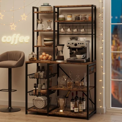 Bakers Rack With Power Outlet, 7-Tier Microwave Stand With Wire Basket, Coffee Bar With 4 S-Shaped Hooks 6 Bakers Rack With Power Outlet, 7-Tier Microwave Stand With Wire Basket, Coffee Bar With 4 S-Shaped Hooks - Image 4