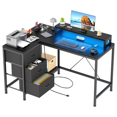 47 Inch Computer Desk, L Shaped Desk With Power Outlets And Led Lights, 3-Drawer Gaming Desk With Storage Shelves And Monitor Stand, Reversible 11 47 Inch Computer Desk, L Shaped Desk With Power Outlets And Led Lights, 3-Drawer Gaming Desk With Storage Shelves And Monitor Stand, Reversible - Image 9