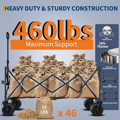 Collapsible Utility Wagon Cart With All Terrain Wheels, Heavy Duty Foldable Wagon, 460 Lb Capacity, Portable For Beach Camping 7 Collapsible Utility Wagon Cart With All Terrain Wheels, Heavy Duty Foldable Wagon, 460 Lb Capacity, Portable For Beach Camping - Image 5