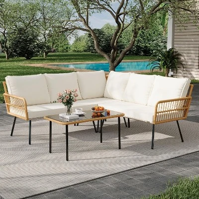4 Pieces Outdoor Patio Furniture Set, All-Weather Wicker Rattan Sectional L-Shaped Set With Glass Top Coffee Table & Cushioned Chairs 4 4 Pieces Outdoor Patio Furniture Set, All-Weather Wicker Rattan Sectional L-Shaped Set With Glass Top Coffee Table & Cushioned Chairs - Image 2