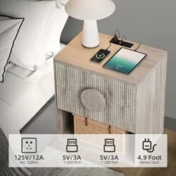 Mid Century Modern Nightstand, Fluted Night Stand, 2 Drawers & Open Shelf, 22.6" Wide Wood Bedside Table, Grey -House Beautiful GUEST a318d638 b934 4d6b 8962 c6f630f62e75