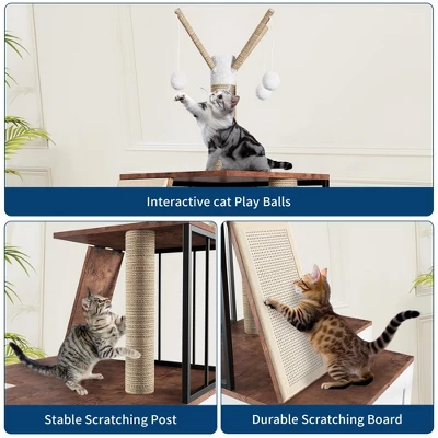 Modern 2-in-1 Cat Tree And Litter Box Enclosure With Odor-Resistant Surfaces, Multi-Level Tower, Durable Climbing Posts, Removable Pompom Sticks 8 Modern 2-in-1 Cat Tree And Litter Box Enclosure With Odor-Resistant Surfaces, Multi-Level Tower, Durable Climbing Posts, Removable Pompom Sticks - Image 6