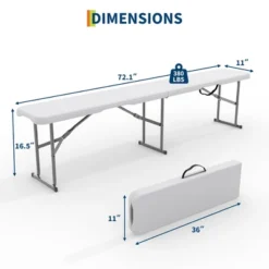 Portable Folding Bench 6 Foot 2-Pack, HDPE Plastic Bench With Carrying Handle For Outdoor, Picnic, Camping, Sports, White