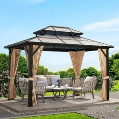 10' X 12' Hardtop Gazebo, Metal Gazebo Aluminum Frame Double Galvanized Steel Roof Curtains Netting Included Pergolas For Patios Garden Parties Khaki -House Beautiful GUEST a453980e 3d4a 46ee 8a67 2b2a7ce93e60