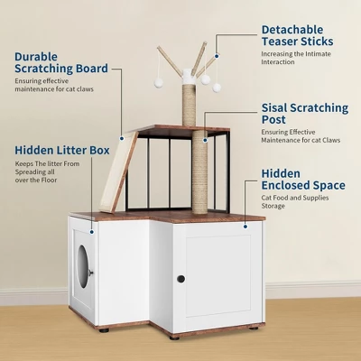 Cat Litter Box Enclosure With Scratching Post, Hanging Balls, 2-in-1 L-Shaped Corner Cat Litterbox With Storage Cabinet 6 Cat Litter Box Enclosure With Scratching Post, Hanging Balls, 2-in-1 L-Shaped Corner Cat Litterbox With Storage Cabinet - Image 4