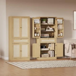 70" Tall Kitchen Pantry Cabinet, Handwoven Rattan Doors, Adjustable Shelves, 1 Drawer, Storage Cupboard, Oak Finish 11 70" Tall Kitchen Pantry Cabinet, Handwoven Rattan Doors, Adjustable Shelves, 1 Drawer, Storage Cupboard, Oak Finish -House Beautiful GUEST a66d339a 3bdf 4d26 b545 ec3f11a51d6c