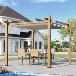 10x10ft Outdoor Aluminum Pergola Retractable UPF50+ Waterproof Canopy, Wood Grain Frame, Tool-Free Assembly, Off-White Curtains 15 10x10ft Outdoor Aluminum Pergola Retractable UPF50+ Waterproof Canopy, Wood Grain Frame, Tool-Free Assembly, Off-White Curtains -House Beautiful GUEST a6e920fc 0ff0 4b0c 93db 4e34164e5030