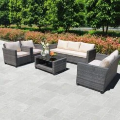5-Piece Patio Furniture Set,PE Rattan Wicker Sectional Sofa Set With Coffee Table