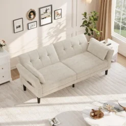 89" Chenille Futon Sofa Bed, Modern Convertible Sleeper Couch With Adjustable Backrest & Armrest, Comfy Futon Couch Bed With 2 Pillows -House Beautiful GUEST a6f36cbe c3ba 4681 9103 caec6492df4d