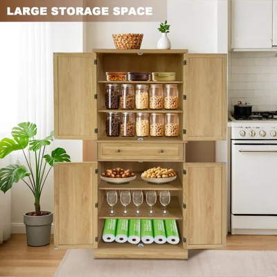 72" Kitchen Pantry Cabinet, Wood Color Kitchen Storage Cabinets With Adjustable Shelves And Doors, Versatile Storage 3 72" Kitchen Pantry Cabinet, Wood Color Kitchen Storage Cabinets With Adjustable Shelves And Doors, Versatile Storage