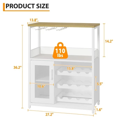 3-Tier Wine & Coffee Bar Cabinet With Storage Door, Liquor Cabinet With Wine Rack & Glass Holder For Kitchen, Dining Room, Living Room, White 4 3-Tier Wine & Coffee Bar Cabinet With Storage Door, Liquor Cabinet With Wine Rack & Glass Holder For Kitchen, Dining Room, Living Room, White - Image 2