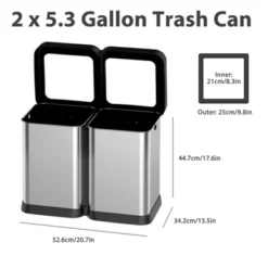 2×5.3 Gallon (20L) Dual Compartment Open Top Trash Can, Fingerprint Proof Brushed Stainless Steel, Anti-Slip Base, Garbage Bag Fixing Holes, Silver