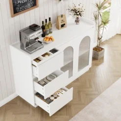 Sideboard Buffet Cabinet With Glass Doors, 48" Large Kitchen Buffet Table With 3 Drawers, Coffee Bar Storage Cabinet -House Beautiful GUEST a900d4a3 019f 4055 a6f9 a9143a648d87