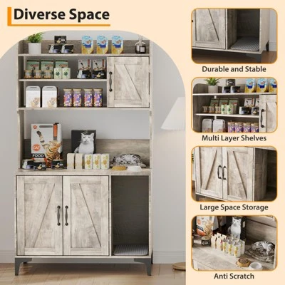 Cat Litter Box Enclosure With Storage Shelves, Hidden Cat Box Furniture With Scratch Pad, Multi-Functional Wooden Pet House & Indoor Washroom, Grey 4 Cat Litter Box Enclosure With Storage Shelves, Hidden Cat Box Furniture With Scratch Pad, Multi-Functional Wooden Pet House & Indoor Washroom, Grey - Image 2