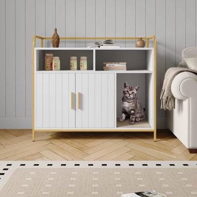 Cat Litter Box Enclosure With Metal Frame And Dual Storage Shelves, Modern Hidden Litter Box Furniture Indoor Cat House 11 Cat Litter Box Enclosure With Metal Frame And Dual Storage Shelves, Modern Hidden Litter Box Furniture Indoor Cat House - Image 9