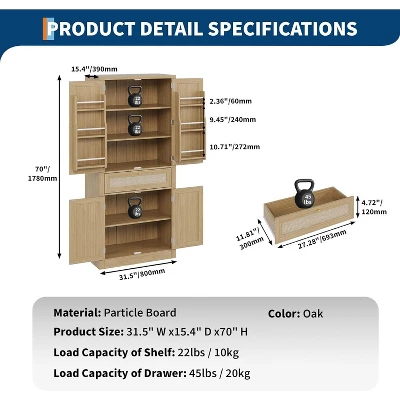 70" Tall Kitchen Pantry Cabinet, Handwoven Rattan Doors, Adjustable Shelves, 1 Drawer, Storage Cupboard, Oak Finish 3 70" Tall Kitchen Pantry Cabinet, Handwoven Rattan Doors, Adjustable Shelves, 1 Drawer, Storage Cupboard, Oak Finish