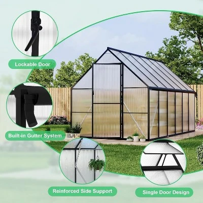 Greenhouse 8x10 FT Aluminum-Framed Heavy Duty Polycarbonate With Quick Setup Structure And Roof Vent 8 Greenhouse 8x10 FT Aluminum-Framed Heavy Duty Polycarbonate With Quick Setup Structure And Roof Vent - Image 6