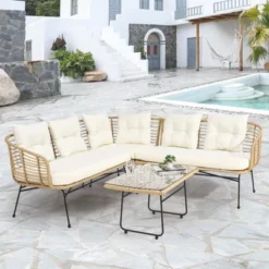 4 Pieces Patio Furniture Set,Boho L-Shaped Sofa Outdoor Furniture Lounge Set Conversation Sectional With Thick Cushions -House Beautiful GUEST ac9f2d73 3119 48e7 ba8c 6201c46694d8