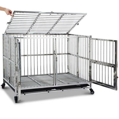 48 Inch Heavy Duty Dog Crate - Stainless Steel Kennel With Wheels, Double Door & Small Door Design, Removable Tray & Sturdy Locks, Silver 3 48 Inch Heavy Duty Dog Crate - Stainless Steel Kennel With Wheels, Double Door & Small Door Design, Removable Tray & Sturdy Locks, Silver