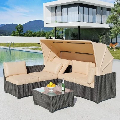 Patio Furniture Set, 6pcs Outdoor Rattan Wicker Furniture With Canopy, Outdoor Sectional Sofa And Table With Storage, Patio Conversation Sets 5 Patio Furniture Set, 6pcs Outdoor Rattan Wicker Furniture With Canopy, Outdoor Sectional Sofa And Table With Storage, Patio Conversation Sets - Image 3