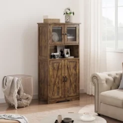 54in Tall Farmhouse Freestanding Kitchen Pantry Cabinet With Glass Doors And Adjustable Shelves Cupboard -House Beautiful GUEST adc2dc86 d7ca 42df 85a8 102a43b2a32f