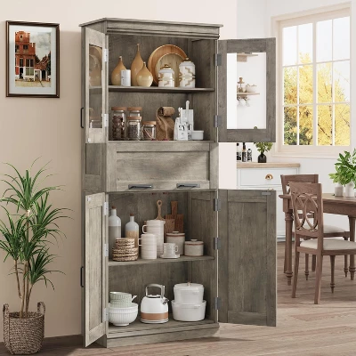 Pantry Cabinet, Tall Freestanding Storage Cabinet With Adjustable Shelves And Glass Doors 67 Inch Pantry Cupboard 4 Pantry Cabinet, Tall Freestanding Storage Cabinet With Adjustable Shelves And Glass Doors 67 Inch Pantry Cupboard - Image 2