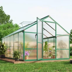 8x12FT Aluminum Greenhouse With Roof Vent Ground Nails Lockable Push Door Large Walk-in Green House For Outside Garden Backyard Patio Lawn -House Beautiful GUEST ae774a80 5216 48b9 8245 13e5d0c8fc7e