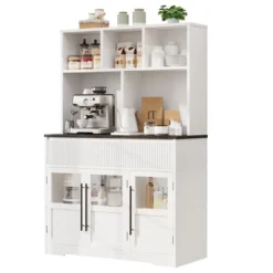 60'' Kitchen Pantry Cabinet, Tall Kitchen Cabinet Pantry Cabinet With Glass Doors, Kitchen Cabinet With Drawers Coffee Bar Table