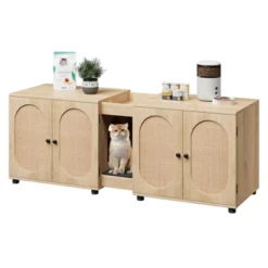 Double Cat Litter Box Enclosure 55.1",Hidden Litter Cabinet Furniture For 2 Cats With Rattan Doors -House Beautiful GUEST aed1c7fb 41f6 4e3c aade fd375b7ad277