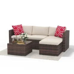 5 Piece Outdoor Patio Sofa Set With Glass Coffee Table, PE Wicker Conversation Furniture For Garden, Backyard, Poolside 18 5 Piece Outdoor Patio Sofa Set With Glass Coffee Table, PE Wicker Conversation Furniture For Garden, Backyard, Poolside -House Beautiful GUEST aede8ef6 abf1 450d 9e8f 64a4cccf8354
