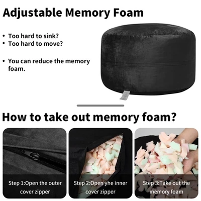 48 Inch Big Huge Giant Bean Bag Chair, Cozy Lazy Sofa With Memory Foam Fillings, Plush Velvet Machine Washable Cover For Adults/Kids, Black 7 48 Inch Big Huge Giant Bean Bag Chair, Cozy Lazy Sofa With Memory Foam Fillings, Plush Velvet Machine Washable Cover For Adults/Kids, Black - Image 5