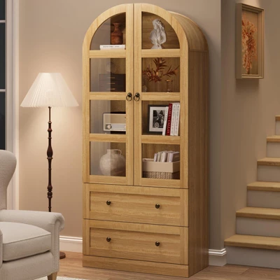 72" Tall Arched Kitchen Pantry Cabinet, Farmhouse Pantry Storage Cabinet With 2 Drawers & Glass Door, Freestanding Versatile Pantry Cabinets 5 72" Tall Arched Kitchen Pantry Cabinet, Farmhouse Pantry Storage Cabinet With 2 Drawers & Glass Door, Freestanding Versatile Pantry Cabinets - Image 3