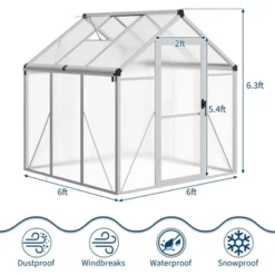 6x6FT Walk In Polycarbonate Greenhouses With Enhanced Aluminum Frame And Roof Vent For Outdoors And Seasons Garden Planting Silver