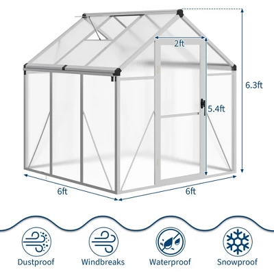 6x6FT Walk In Polycarbonate Greenhouses With Enhanced Aluminum Frame And Roof Vent For Outdoors And Seasons Garden Planting Silver 3 6x6FT Walk In Polycarbonate Greenhouses With Enhanced Aluminum Frame And Roof Vent For Outdoors And Seasons Garden Planting Silver