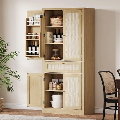 70" Tall Kitchen Pantry Cabinet, Handwoven Rattan Doors, Adjustable Shelves, 1 Drawer, Storage Cupboard, Oak Finish 4 70" Tall Kitchen Pantry Cabinet, Handwoven Rattan Doors, Adjustable Shelves, 1 Drawer, Storage Cupboard, Oak Finish - Image 2