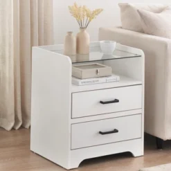 LED Night Stand With 2 Drawers, Smart End Side Table With LED Lights And Glass Top, Modern Bedside Table With Open Storage 13 LED Night Stand With 2 Drawers, Smart End Side Table With LED Lights And Glass Top, Modern Bedside Table With Open Storage -House Beautiful GUEST b09a92b9 e030 4a78 91b1 1a670cda32b6