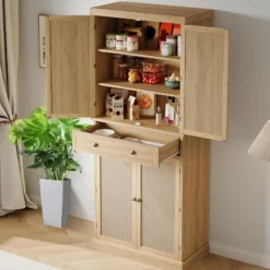 Jojoka Kitchen Pantry Cabinet,72'' Tall Freestanding Kitchen Food Pantry Cabinet With A Drawer,Rattan Doors,Natural
