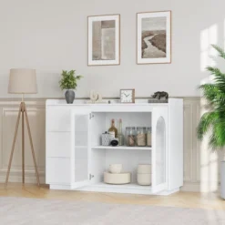 Sideboard Buffet Cabinet With Glass Doors, 48" Large Kitchen Buffet Table With 3 Drawers, Coffee Bar Storage Cabinet -House Beautiful GUEST b0e01975 474a 4c03 ab0e 83c0339fd935