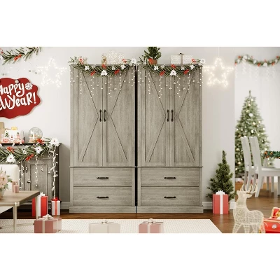 Farmhouse Kitchen Pantry Cabinet With Barn Doors – Rustic Grey Wood Kitchen Cabinet With Drawers & Adjustable Shelves, Versatile Storage, Grey 6 Farmhouse Kitchen Pantry Cabinet With Barn Doors – Rustic Grey Wood Kitchen Cabinet With Drawers & Adjustable Shelves, Versatile Storage, Grey - Image 4