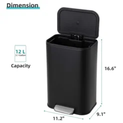 12 Liter 3.2 Gallon Stainless Steel Trash Can, Step On Pedal, Soft Close Lid, Removable Inner Bucket, Brushed Finish, Black