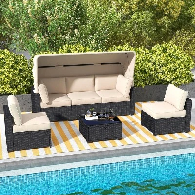 Patio Furniture Set, 6pcs Outdoor Rattan Wicker Furniture With Canopy, Outdoor Sectional Sofa And Table With Storage, Patio Conversation Sets 11 Patio Furniture Set, 6pcs Outdoor Rattan Wicker Furniture With Canopy, Outdoor Sectional Sofa And Table With Storage, Patio Conversation Sets - Image 9