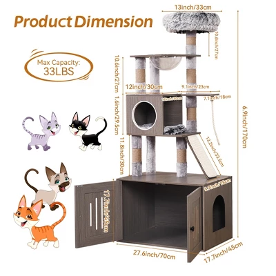 All-in-One Cat Furniture With Flush Nest,Cat Tree With Litter Box Enclosure,Space Capsule And Sisal Rope For Living Room, Grey 8 All-in-One Cat Furniture With Flush Nest,Cat Tree With Litter Box Enclosure,Space Capsule And Sisal Rope For Living Room, Grey - Image 6