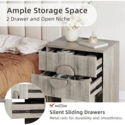 Mid Century Modern Nightstand, Fluted Night Stand, 2 Drawers & Open Shelf, 22.6" Wide Wood Bedside Table, Grey -House Beautiful GUEST b27169ba e4f6 462b a094 7e7c01cf51ee